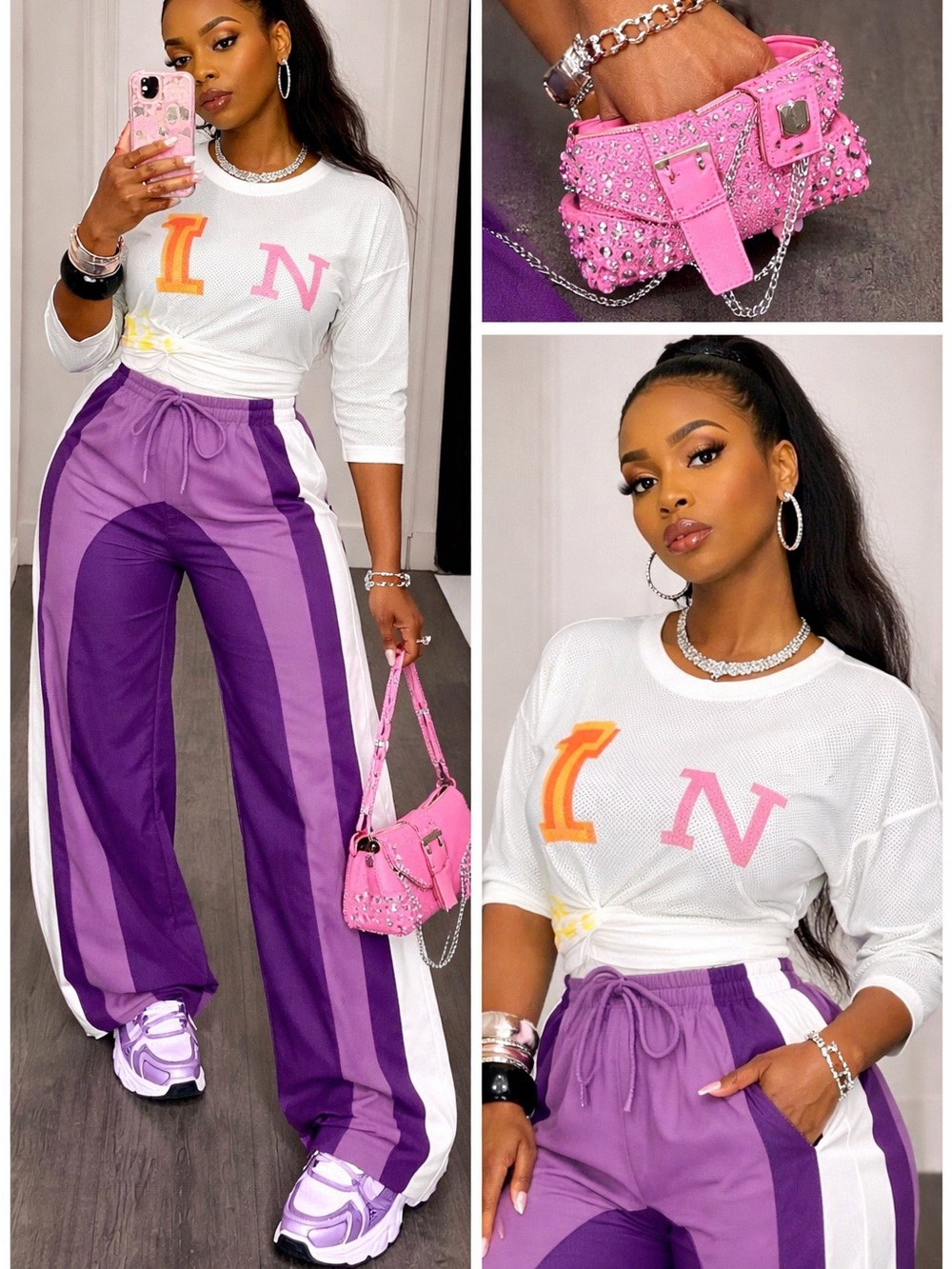 Purple Colorblock Wide-Leg Track Pants - Women